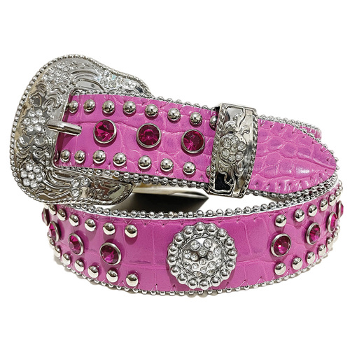 Pink Crocodile Pattern Leather Belt with Pink Rhinestones and Silver Concho - [Code 403]