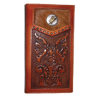 Wallet - Leather - Tan - Floral Tooling - Cowhide Hair-on - Bull Rrider - [5013-A]