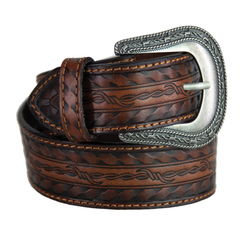 Belt - Western - Leather - Brown - Silver Barbed Wire Embossed - [LB309]