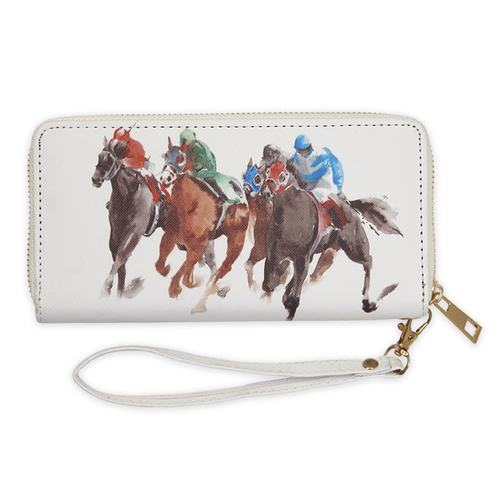 Wallet - White Faux Leather -  Racehorses Design - [LW442]