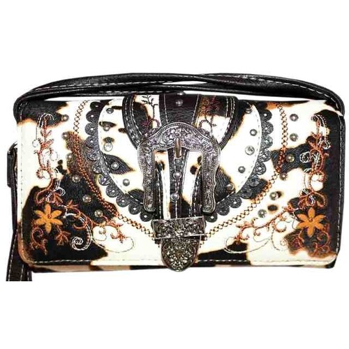 Ladies Purse - Western Themed - Brown/White Cow Print - Faux Leather - [MW127BR]