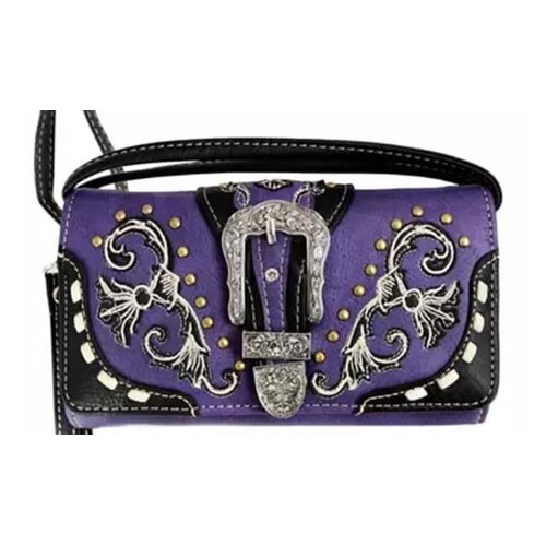 Ladies Purse -  Purple Floral Lace - Black Trims - Faux Leather - [MW188PU]