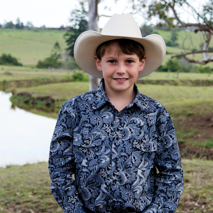 Boys 100% Cotton Silver Blue Paisley Shirt - 8057A - Brigalow