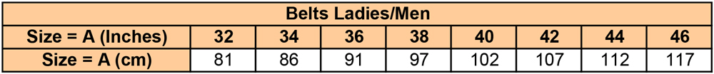 Adult Briglaow Belt Size Chart