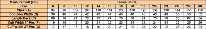 Ladies Shirt Sizing Chart