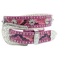 Belt - Western - Pink Snake Skin Pattern Leather w/floral Conchos - [Code 332]