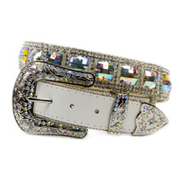 Belt - Western - Multi Colour Bling on White Leather- [Code 354]