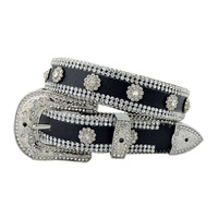 Black Leather Belt with Clear Stone Trim - 362