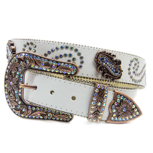 Belt - Western - Cream Leather w/ Rainbow Paisley Diamonties - [Code 390]