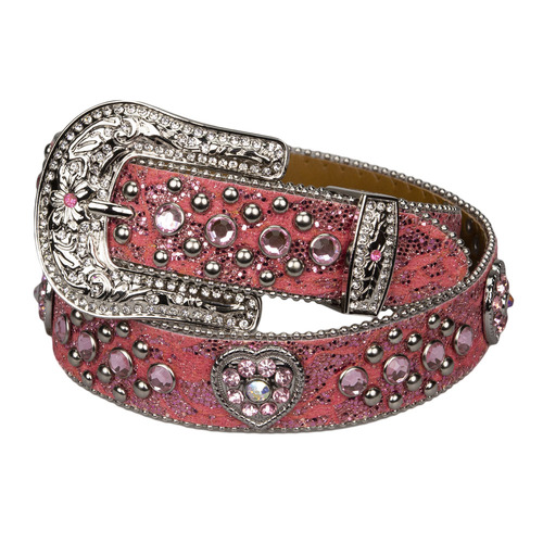 Belt - Western - Girls Pink Sparkling with Heart Concho- [Code 401]