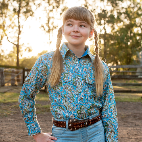 Girls 100% Cotton - "BINNAWAY" Blue Paisley Shirt - 4052G