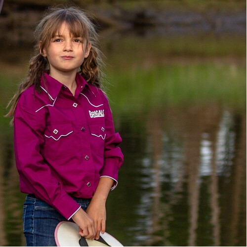 Girls 100% Cotton Single Colour Shirts - Wine with Brigalow Logo - [Code 4158-C]