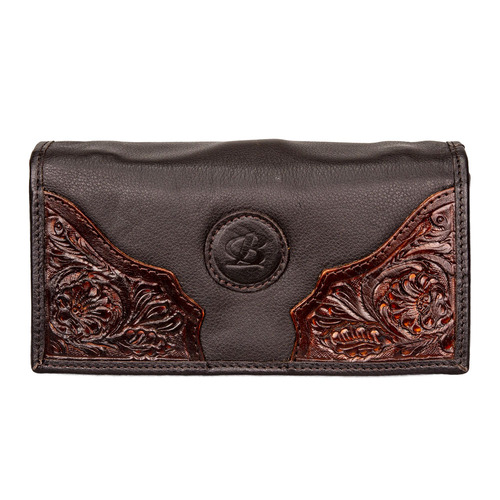 Ladies Purse - Brown Leather Clutch with Tooled Leather Facing - [5036] - ARRIVING MID MAY 2022