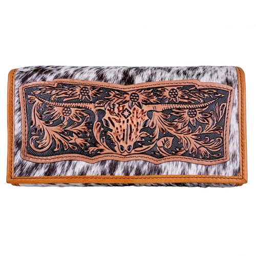 Brown/White Cowhide Hair-On Leather Clutch - Longhorn Tooled -  [5037]
