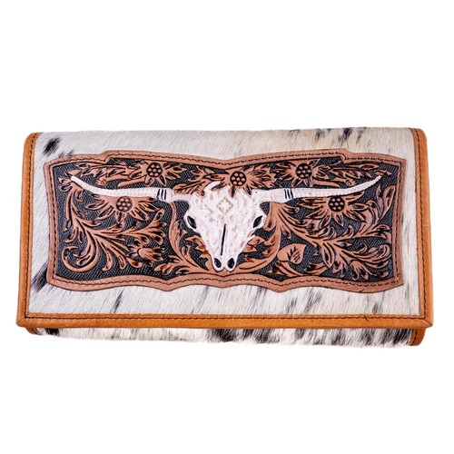 Brown/White Cowhide Hair-On Leather Clutch - Longhorn Tooled -  [5038]
