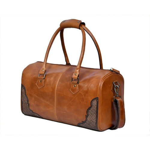 Brown Leather Duffle Bag - Embossed Leather Corners-[Code 5039-C]
