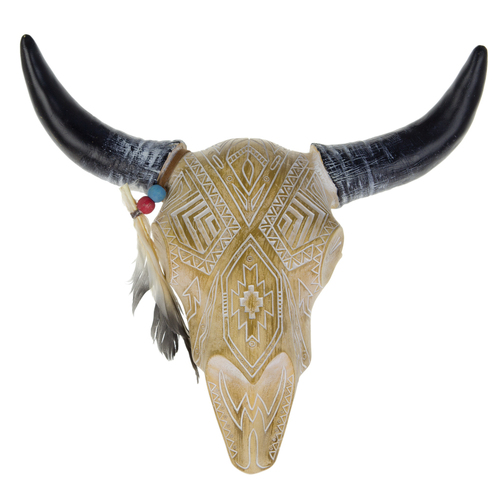 Wall Hanging - Beige Aztec Design Bulls Head - Resin -  30cm X 27cms - [Code 7715]
