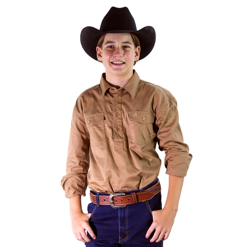 Kids Cotton Half Placket Work Shirt - 8052-B-Coffee