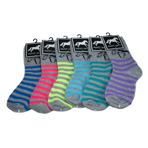 Pack of 6 - Ladies "Lila Horses in Stripes" Crew Socks -  [Code-A837]