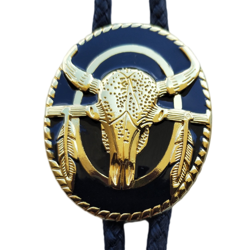 Bolo Tie - Steer Skull with Feathers  - Gold on Black Enamel  - [Bolo-03BK]
