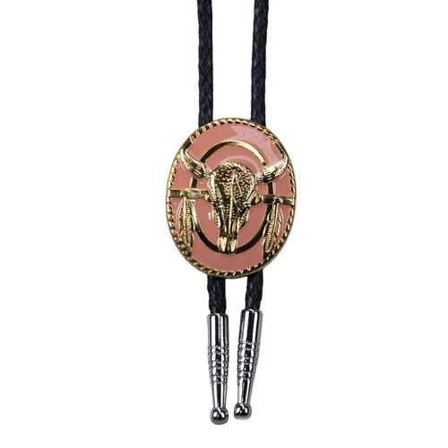 Bolo Tie - Steer Skull with Feathers - Gold on Pink Enamel - [Bolo-03PK]