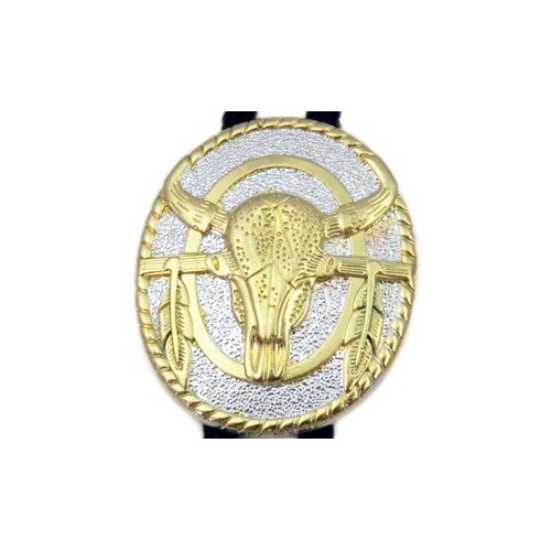 Bolo Tie - Steer Head with Feathers -  Gold on Silver Metal - [Bolo-03SV]