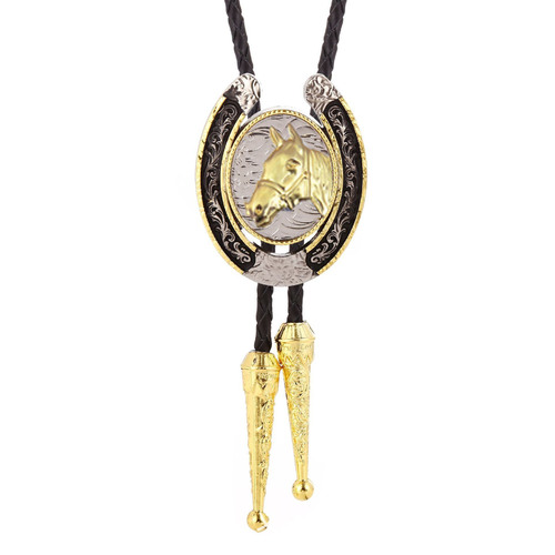 Bolo Tie - Oval Horsehead - Gold/Black Horsehoe - [Bolo-06]  