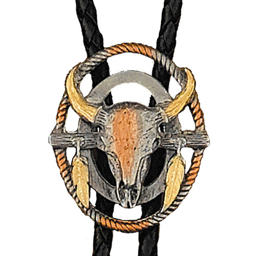 Bolo Tie - Gold & Silver Steer Head with Rope & Feathers - [Bolo-22]