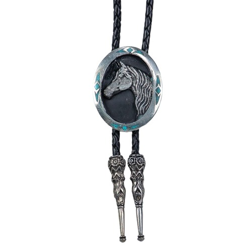 Bolo Tie - Horsehead on Black Enamel with Turquoise Chip Inlay - [Bolo-38]