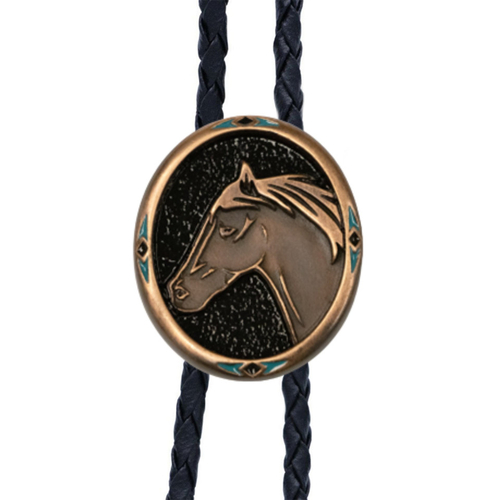 Bolo Tie - Vintage Copper Horsehead on Black Enamel with Turquoise Chip Inlay - [Bolo-38C]