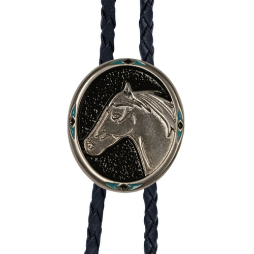 Bolo Tie - Horsehead on Black Enamel with Turquoise Chip Inlay - [Bolo-38S]