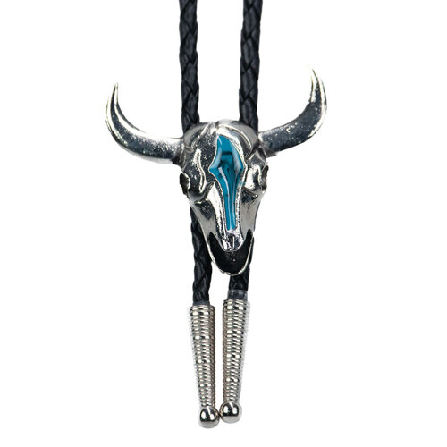 Bolo Tie -  Steerhead with Turquoise and Coral Inlay- [Bolo-40]