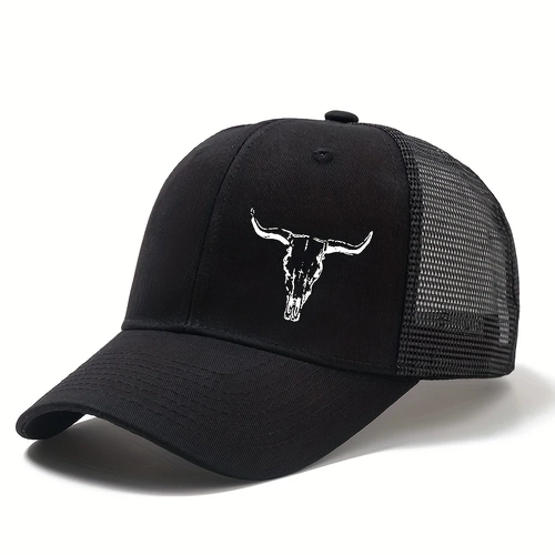 Mens BLACK "Trucker Cap" Cap with a Printed Bull Head Design, - [CAP-TW-01]