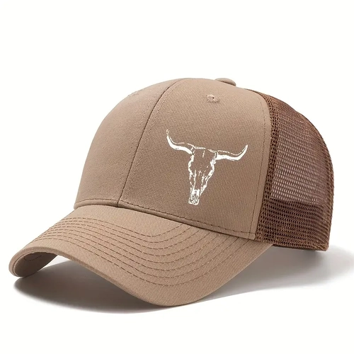 Mens TAN "Trucker Cap" Cap with a Printed Bull Head Design, - [CAP-TW02]