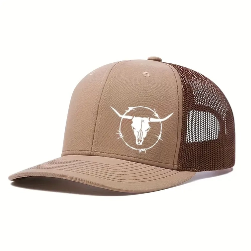 Mens TAN "Trucker Cap" Cap with Bull Head / Barbed Wire Design, - [CAP-TW03]