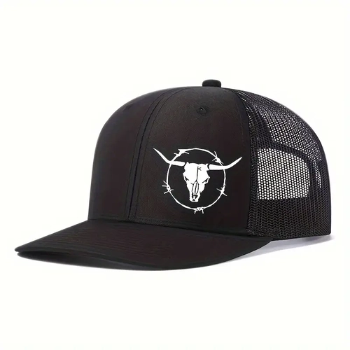 Mens BLACK "Trucker Cap" Cap with Bull Head / Barbed Wire Design, - [CAP-TW04]