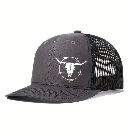 Mens GRAY "Trucker Cap" Cap with Bull Head / Barbed Wire Design, - [CAP-TW05]