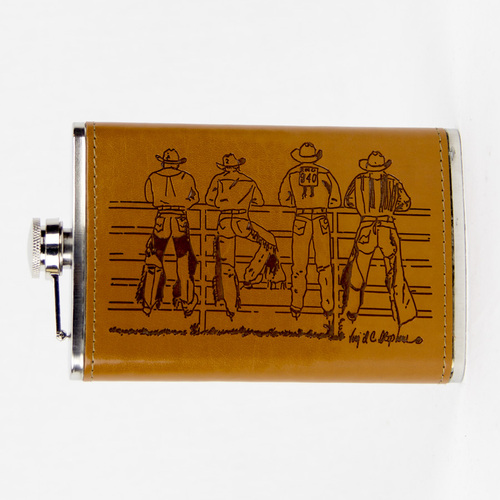 Flask 10oz - Leather - Cowboys on Fence - [Flask20]