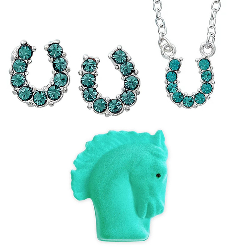 'Aqua Rhinestone Horseshoe' Jewelry Set - Earrings And Necklace - J898AQ
