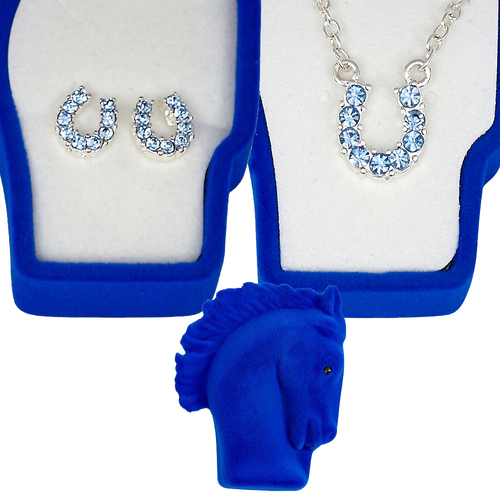 'Blue Rhinestone Horseshoe' Jewelry Set - Earrings And Necklace - J898BL