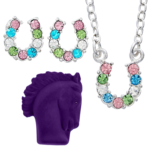 'Multi-Coloured Rhinestone Horseshoe' Jewelry Set - Earrings And Necklace - J898MU