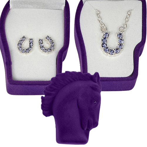 'Purple Rhinestone Horseshoe' Jewelry Set - Earrings And Necklace - J898PU