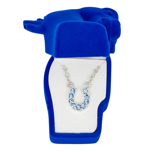 Necklace - Blue Rhinestone Horseshoe -  Gift Boxed - JN898BL