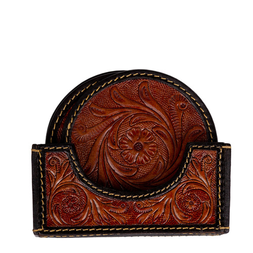 Coasters Set Of 6 - Floral Tooled Leather- [ Code K101-22]