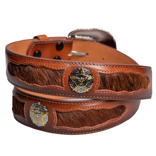 Belt -Leather - Italian Tan - Hair On w/ Steer Head Concho - LB302