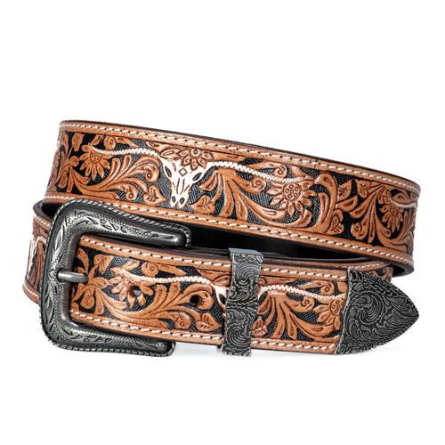 Belt - Western - Leather - Tooled with White Longhorn -  Unisex [Code LB322]
