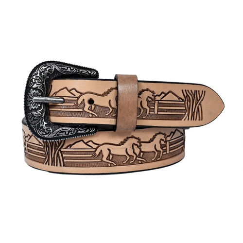 Belt - Western - Leather - Tan - Running Horses Embossed - [LB331]