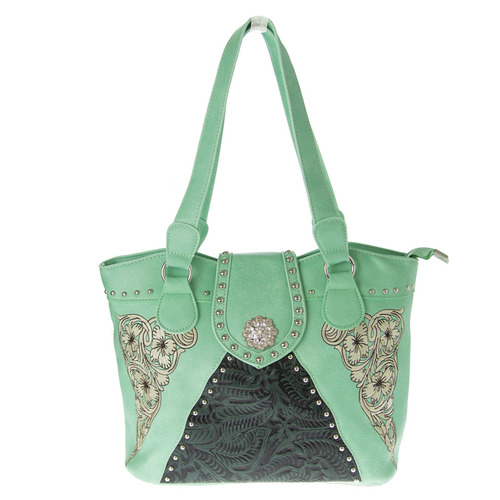 Handbag - Mint Green Faux Leather - Silver Embroidery - [LP5903GR]