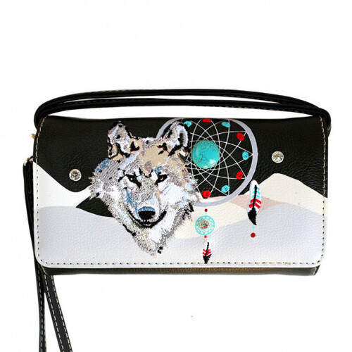 Ladies Purse - Wolf Embroidered - Black Faux Leather - [MW220BK]