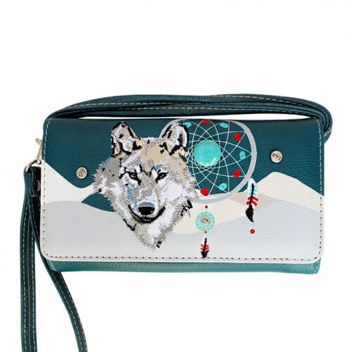Ladies Purse - Wolf Embroidered - Teal Faux Leather - [MW220TL]